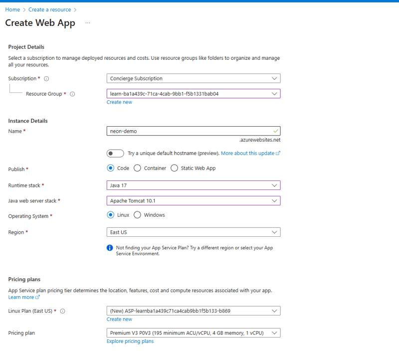 Form for creating a web app in Azure