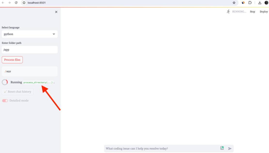 Screenshot of code explorer showing red arrow pointing to running process in left sidebar.