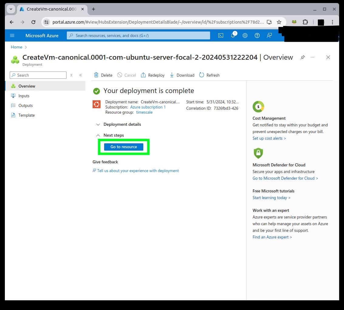 Azure's deployment page. The Go to resource button is highlighted with a green frame around it.