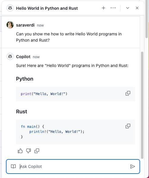 Asking GitHub Copilot for assistance writing a Hello World program in Python and Rust.
