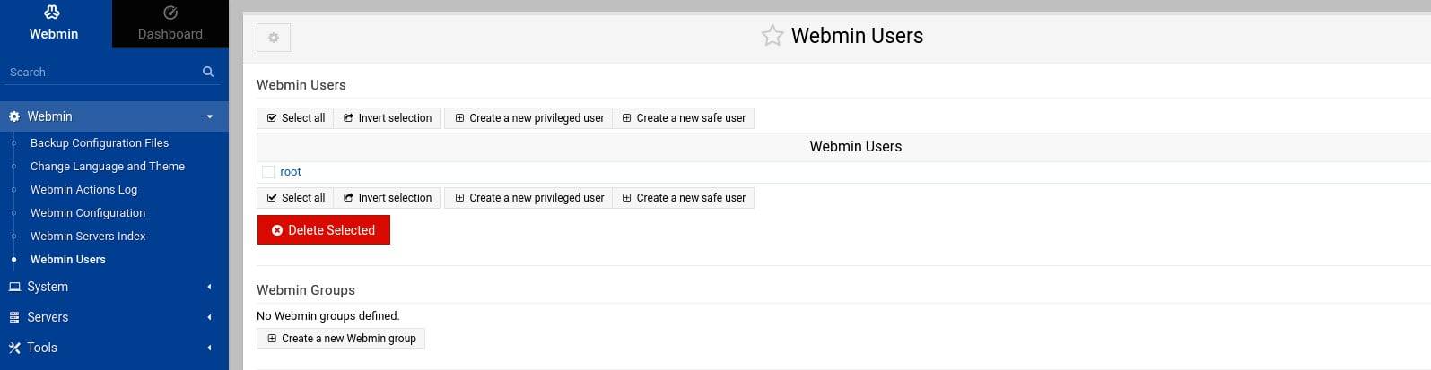 The Webmin users' screen