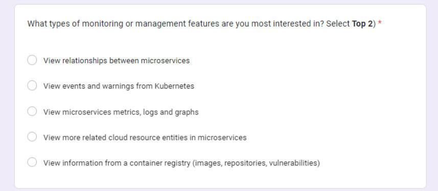 List of monitoring and management features devs might want includes viewing relationships between microservices, events and warnings from Kubernetes, and more