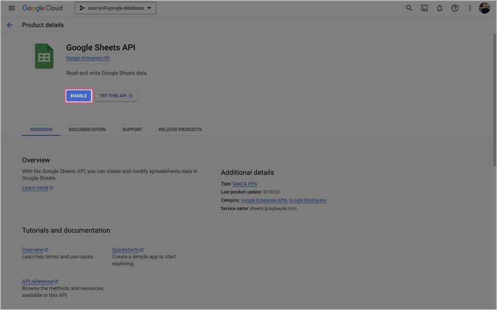 Enable Google Sheets