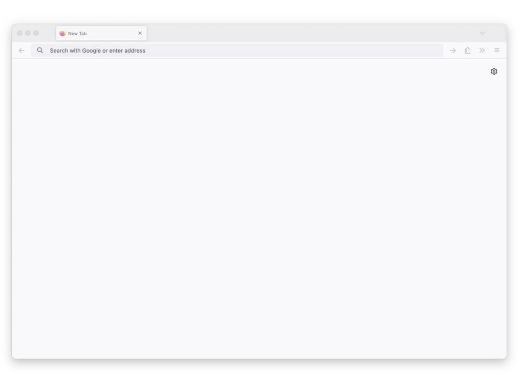 A Firefox browser window displaying a new tab with a clean, minimalistic interface. The screen is primarily white with a search bar at the top center labeled "Search with Google or enter address" and a cogwheel icon on the right side for settings. The window’s tabs and menu options are also visible, indicating no distractions or additional elements on the screen.