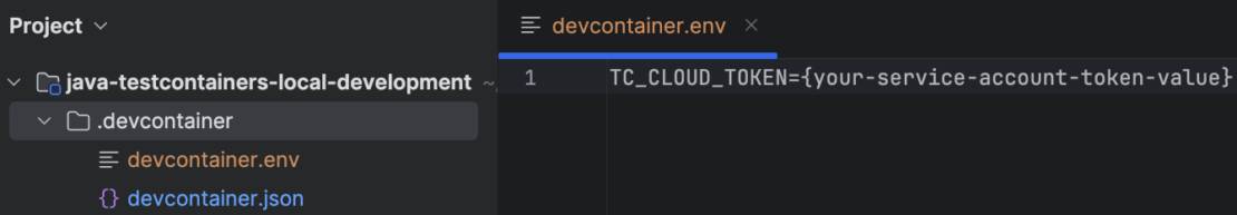 Screenshot of project menu showing addition of token value to devcontainer. Env.