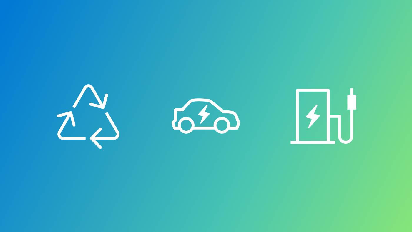 white icons symbolizing renewable electric energy on a blue and green gradient background