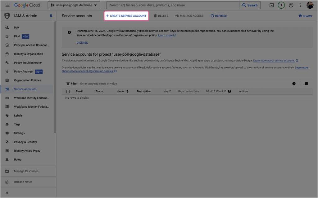 Create service account