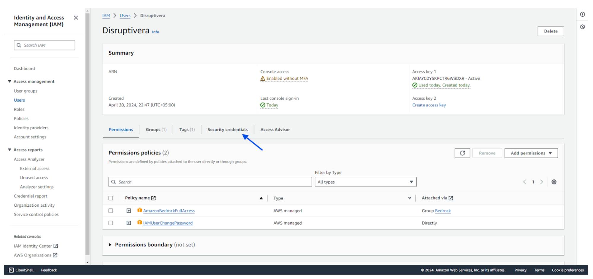 Security credentials for the IAM user using the root user