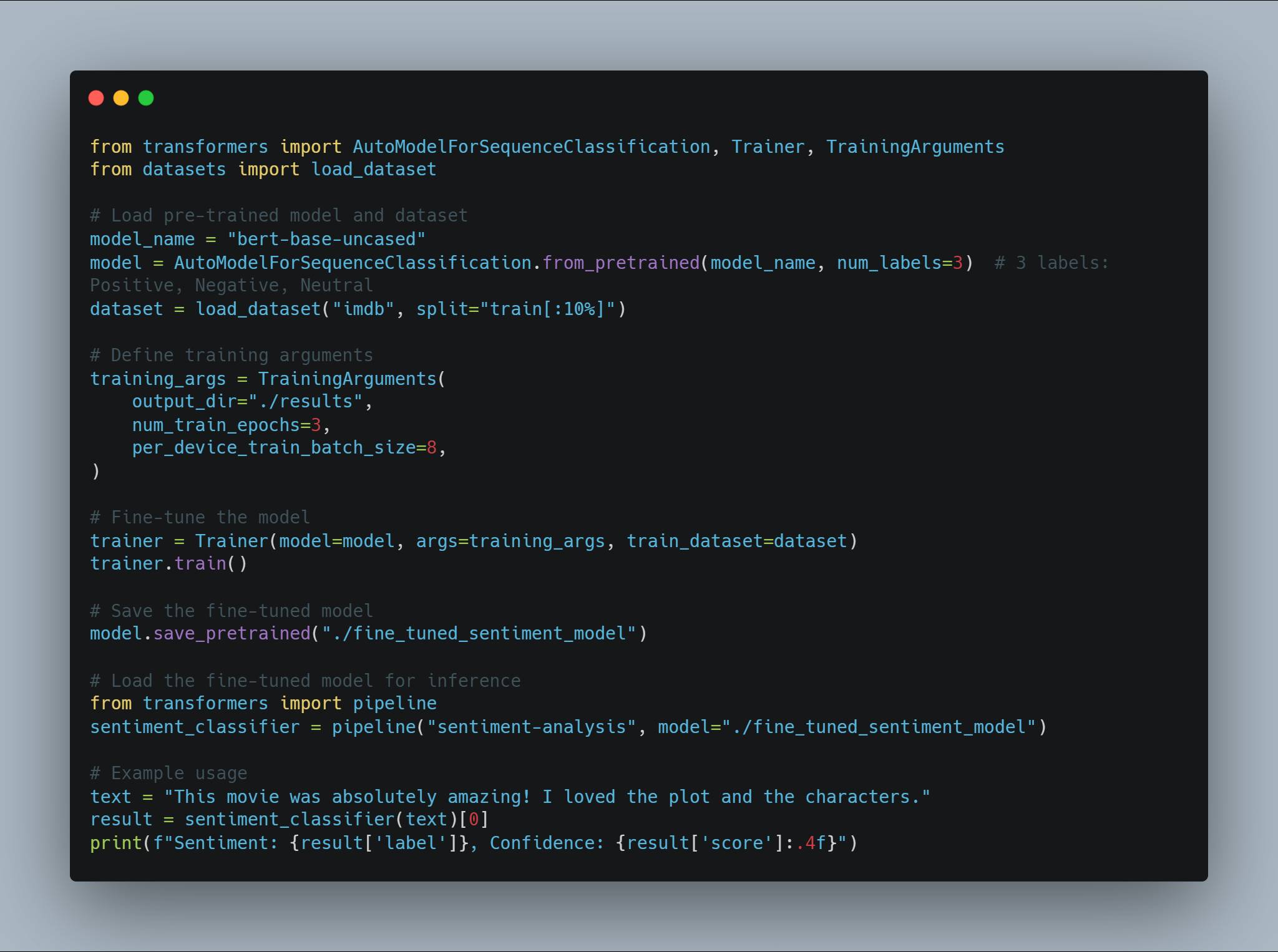 Screenshot of Python code for fine-tuning a BERT model for sentiment analysis using the Hugging Face Transformers library. The code loads a pre-trained BERT model, imports the IMDB dataset, sets training arguments, fine-tunes the model, saves the fine-tuned model, and demonstrates its usage for sentiment classification.