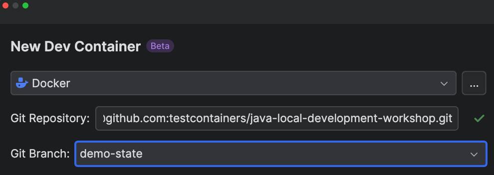 Screenshot of new dev container window, with options for docker, git repository, and git branch.