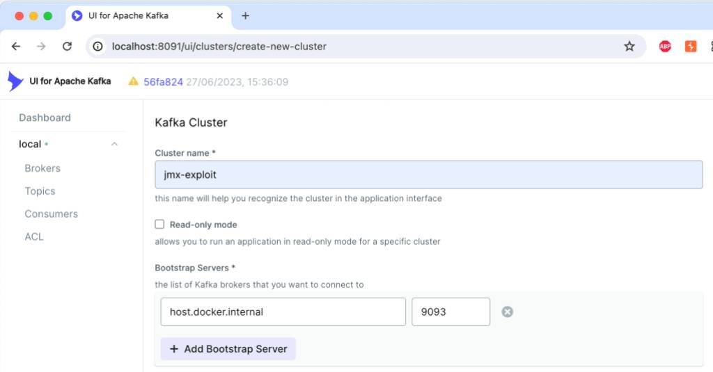 Kafka UI menu to create a new cluster jmx-exploit pointing to host.docker.internal:9093