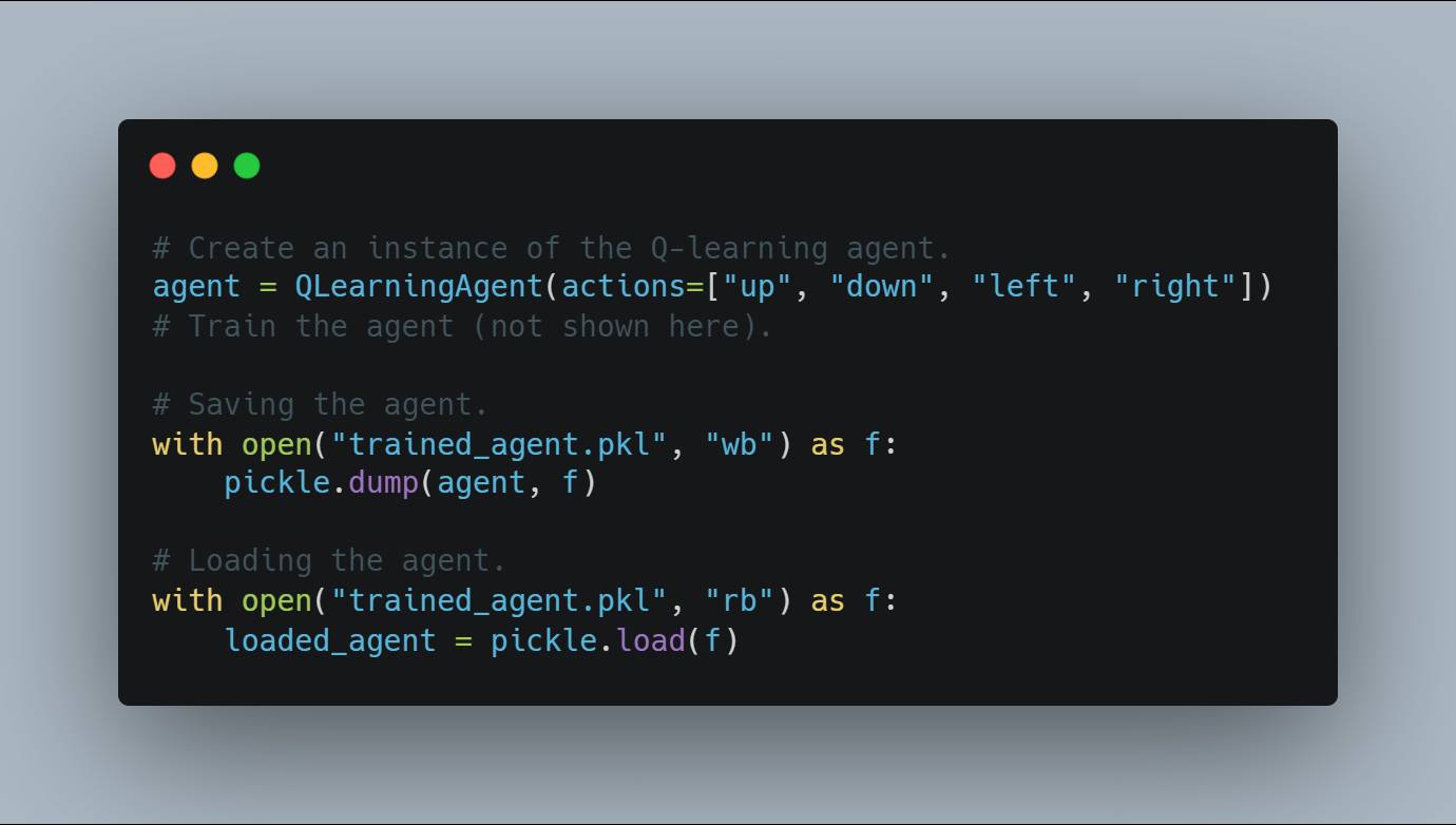 A code snippet demonstrating how to create, save, and load a Q-learning agent using Python. It creates an instance of a Q-learning agent with actions "up," "down," "left," and "right," saves it to a file "trained_agent.pkl," and then loads the agent back from the file. The training step is indicated but not shown. - lunartech.ai