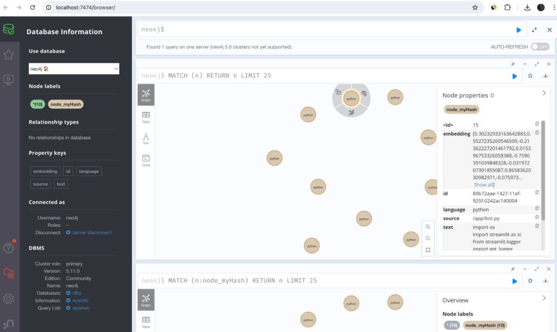 Screenshot of code explorer database service showing neo4j database information.