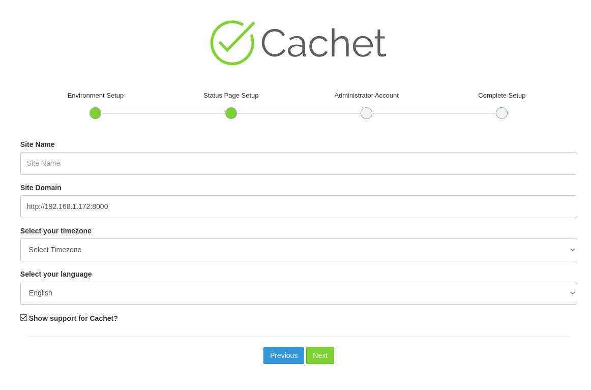 Status Page setup screen.