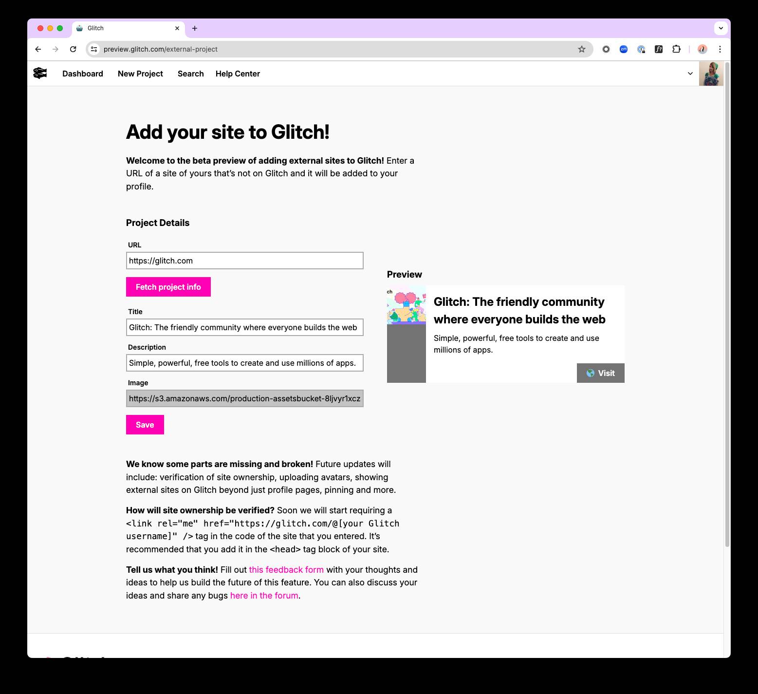 Adding a new site to Glitch