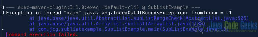 Fig 1: Example output demonstrating a subList IndexOutOfBoundsException